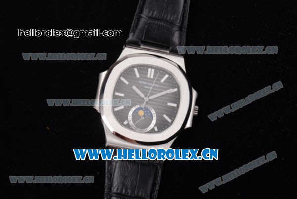 Patek Philippe Nautilus Miyota 9015 Automatic Steel Case with Black Dial Black Leather Strap and Stick Markers - Click Image to Close